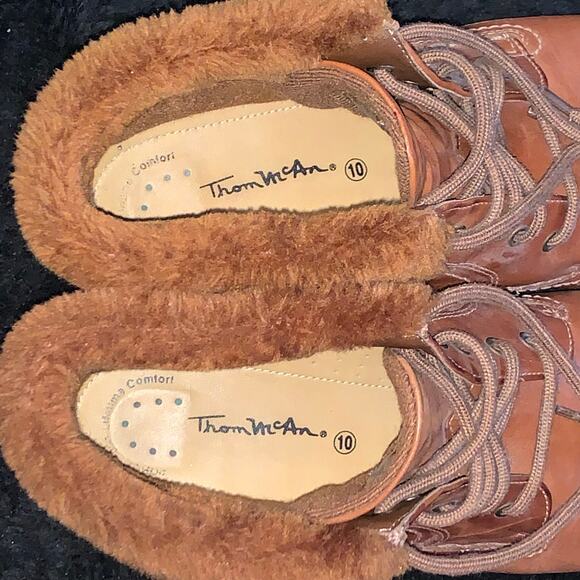 Size 10 - Thom McAn Womens Mocha Mousse Brown Leather Ankle Boots Faux Fur - Picture 2 of 12